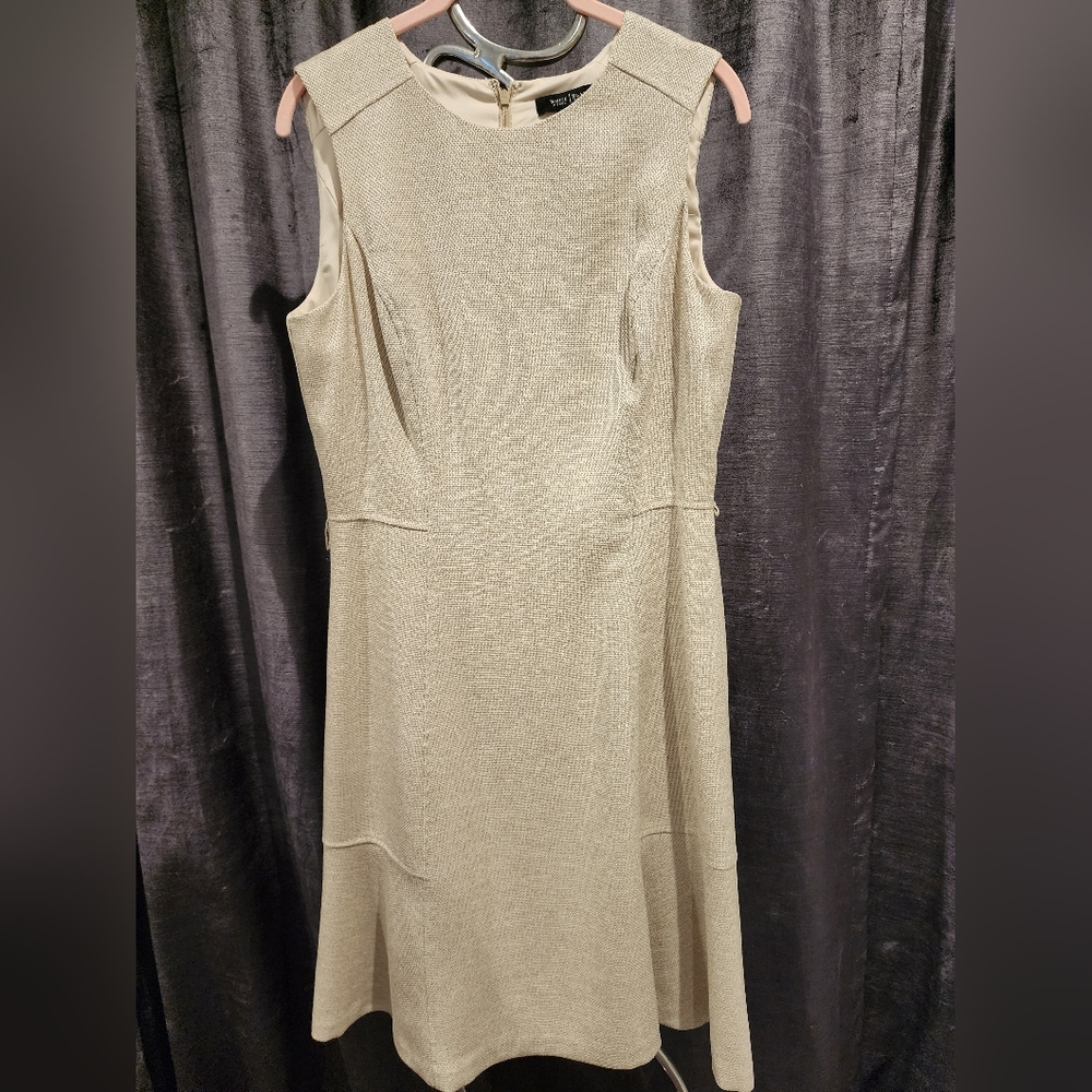WHBM Tweed sleeveless belted dress Size 8 W/Peach cardigan.